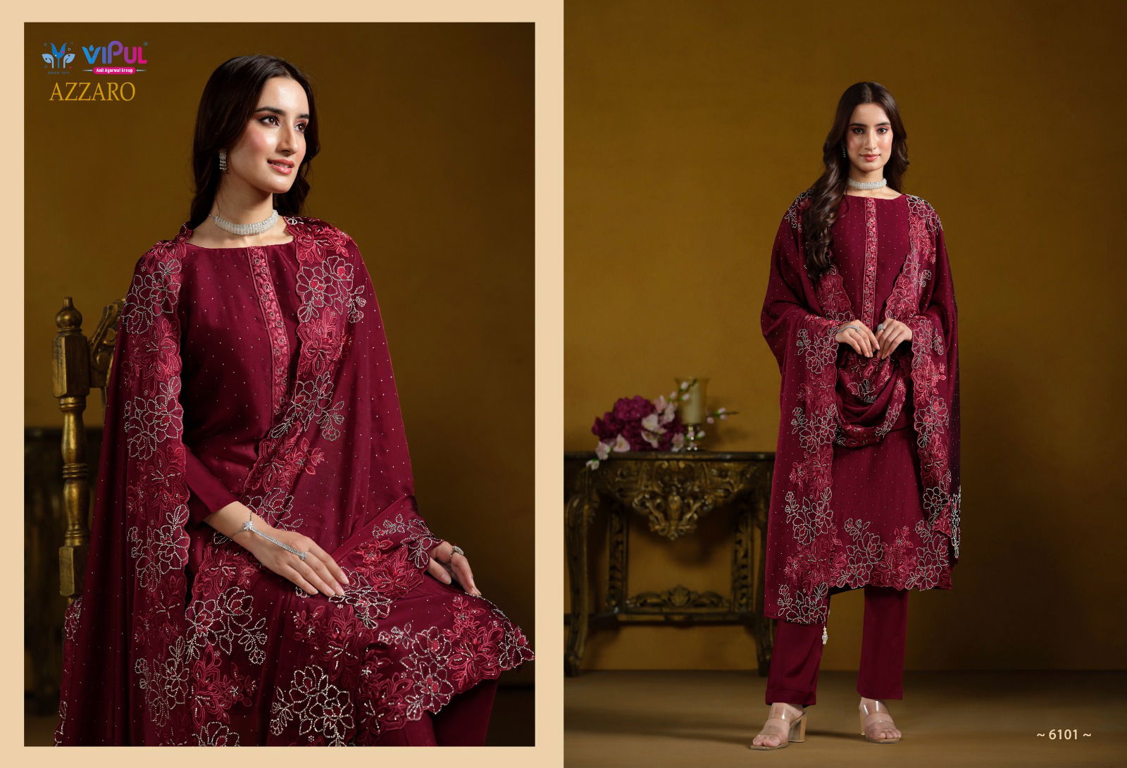 Azzaro By Vipul Swarovski Embroidery Work Designer Suits Wholesale Market In Surat